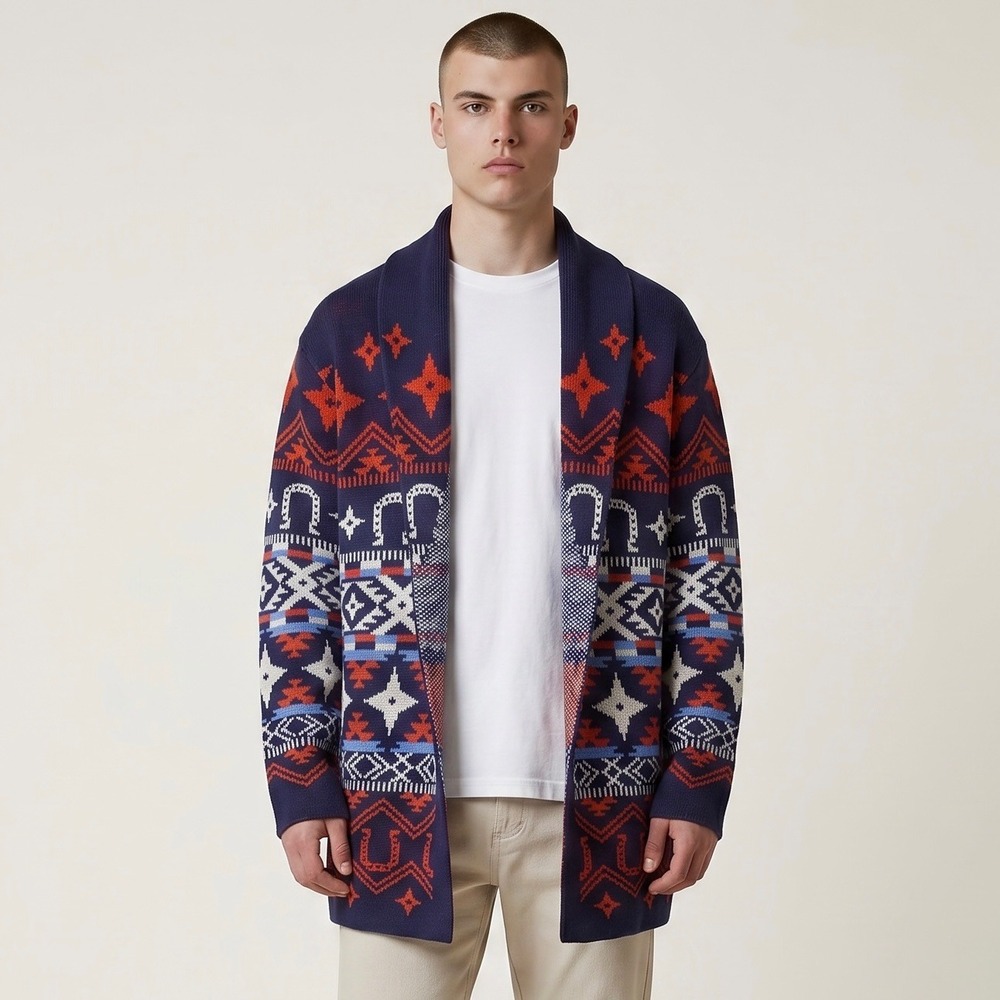 Lucky Brand Southwestern Print Shawl Cardigan Mens Medium Blue Horseshoe 7M50891